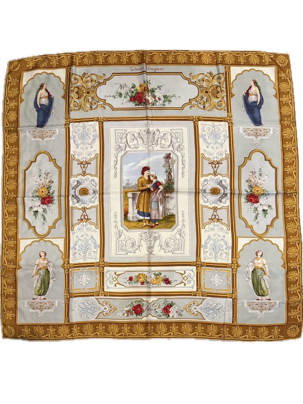 Etro Scarf 100% Silk Gold/Cream with Classical Motifs
